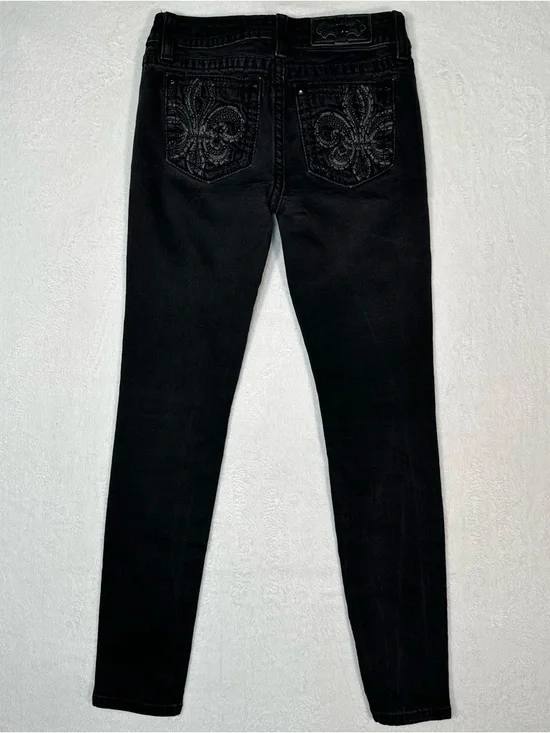 Miss Me Hailey Skinny Jeans 26 Black Fleur De Lis Embellished Y2K McBling Grunge - Picture 8 of 11